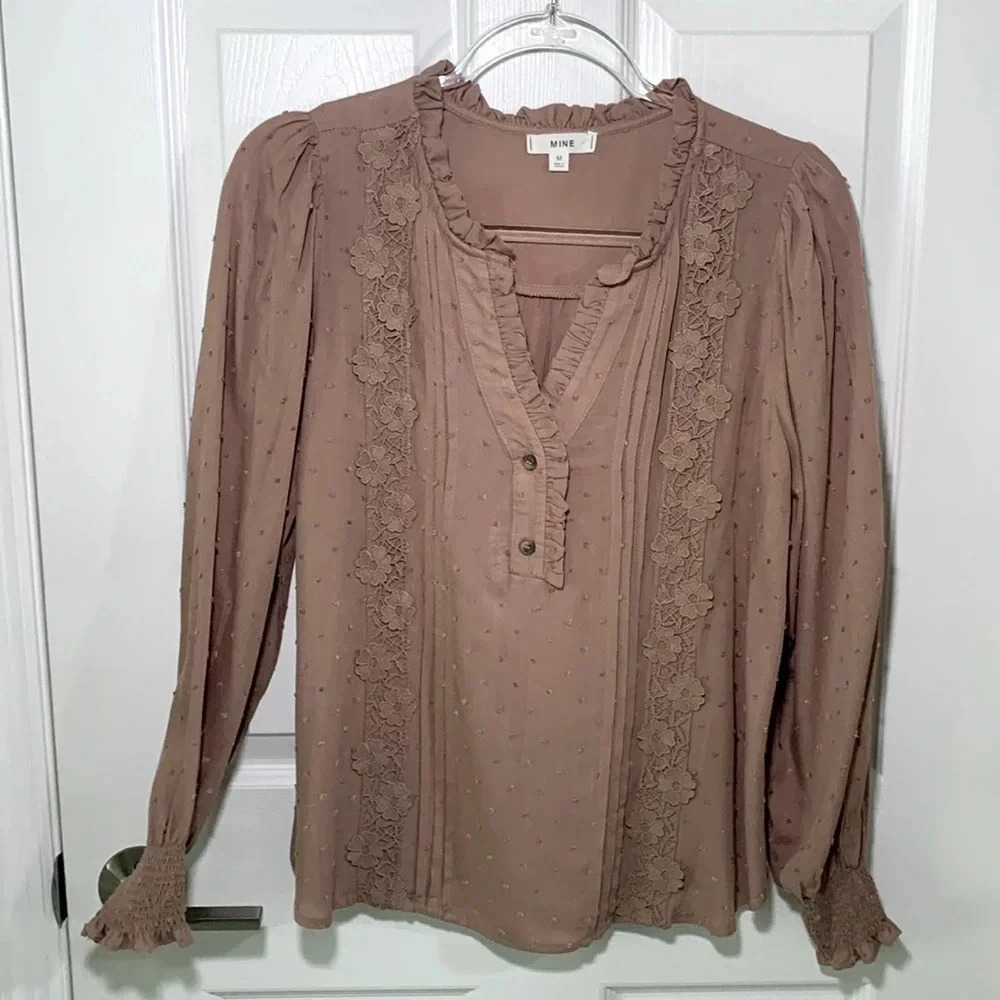 Mine Boho embroidered and embellished blouse size medium taupe/ tan color